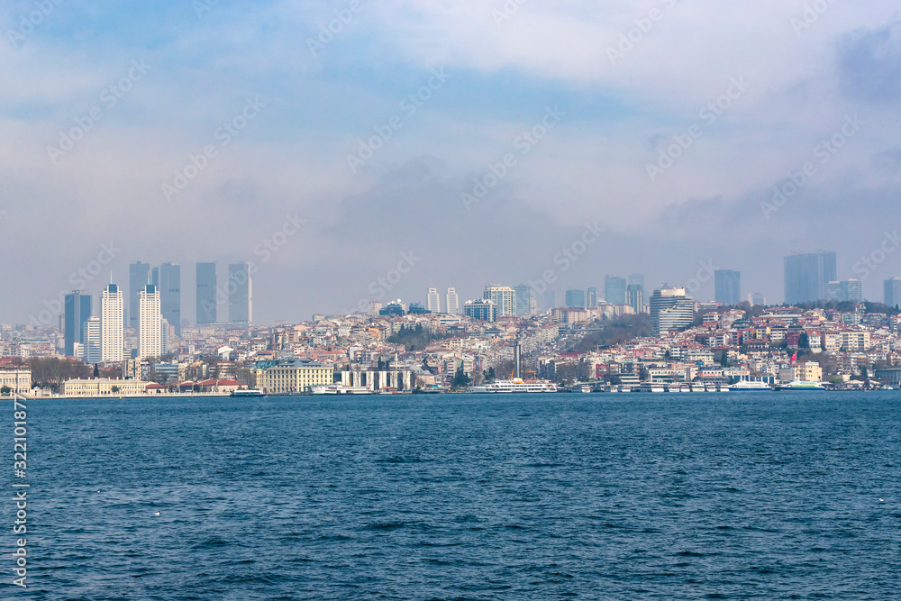 Panorama of the foggy coast of Istanbul from the Bosphorus.