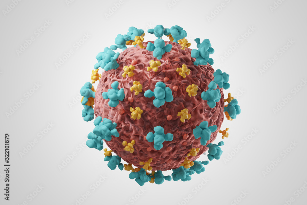 A single close up shot of Coronavirus 2019-nCoV an infectious flu virus which causes respiratory illness. Impression -  3d illustration concept. - obrazy, fototapety, plakaty 