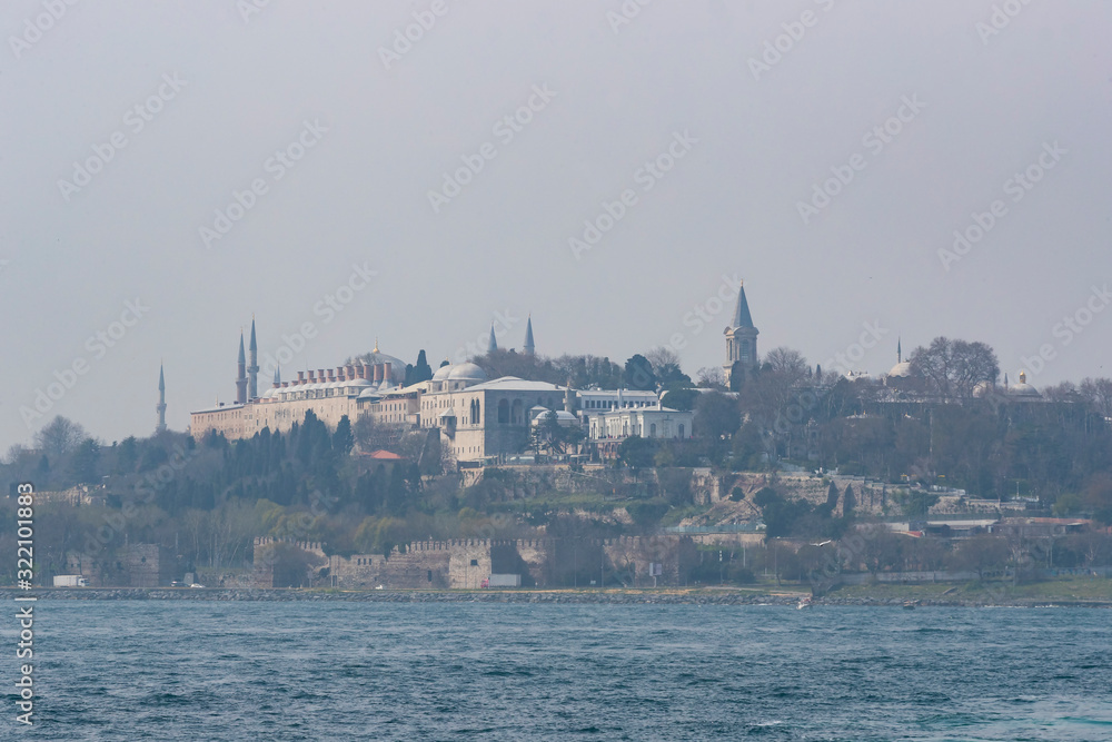 Panorama of the foggy coast of Istanbul from the Bosphorus.