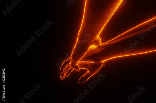 Side view of couple holding hand with light fire glowing. 3D rendering. Scare concept.