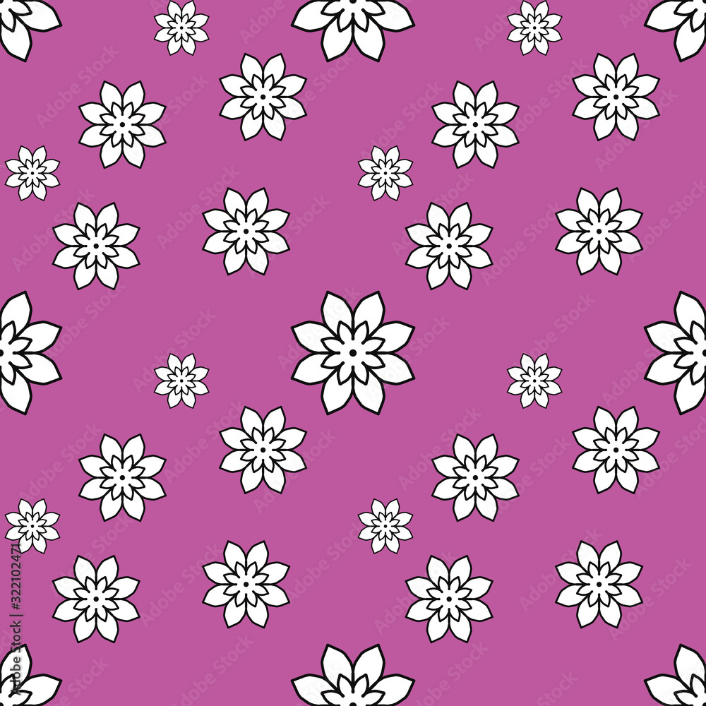 Seamless repeat pattern with white flowers on crimson background. drawn fabric, gift wrap, wall art design, wrapping paper, background, fabric print, web page backdrop. Seamless repeat pattern with white flowers on crimson background. drawn fabric, gift wrap, wall art design, wrapping paper, background, fabric print, web page backdrop.