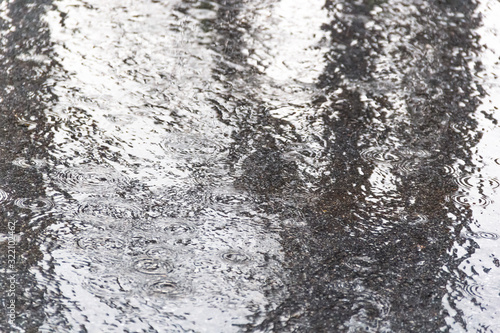 rain, raindrops on the pavement in a spray of water and the reflection of light in water