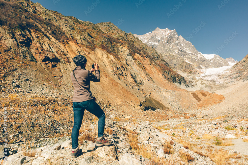 Woman hike through mountain and beautiful nature of forest.