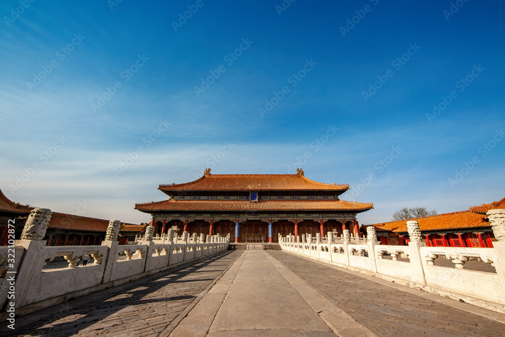 Forbidden City over clear blue sky, ancient historical Palace Museum, Beijing, China Forbidden City over clear blue sky, ancient historical Palace Museum, Beijing, China