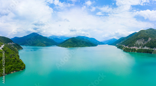 mountains and lake, dam in the mountains. Zhinvali water reservoir. Zhinvali dam. © miklyxa