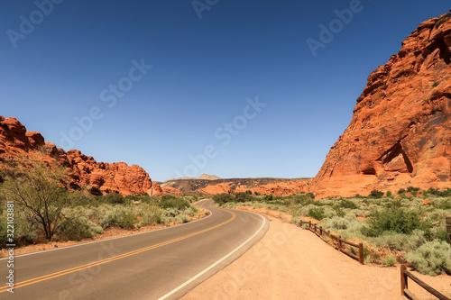 Landscape of a road in the red hills of Snow Canyon State Park in Utah