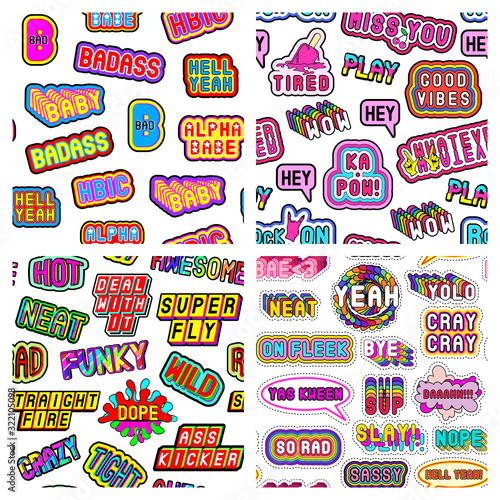 Set of 4 seamless patterns with modern slang phrases, words. Quirky cartoon comic style of 80-90s. White background. Vector wallpapers.