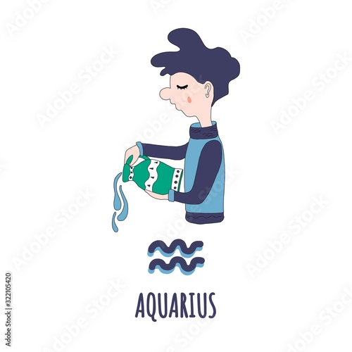 Zodiac signs aquarius,lettering hand drawn in cartoon style.cute character from the constellations of horoscope.Suitable for children s products, t-shirts, cups, calendar, postcards sticker.isolated