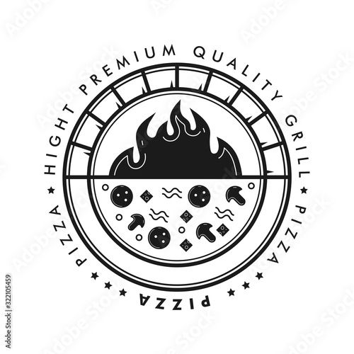 Pizza grill circle badge logo with hot brick oven and flame. Vector illustration