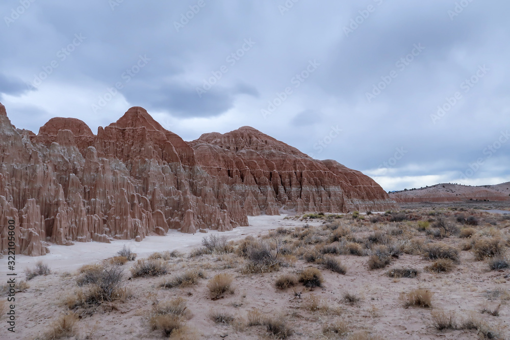 Desert landscape of strange brown stone hillsides at Cathedral Gorge State Park in Nevada
