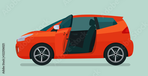 Compact hatchback car with open door isolated, side view. Vector flat style illustration. © lyudinka