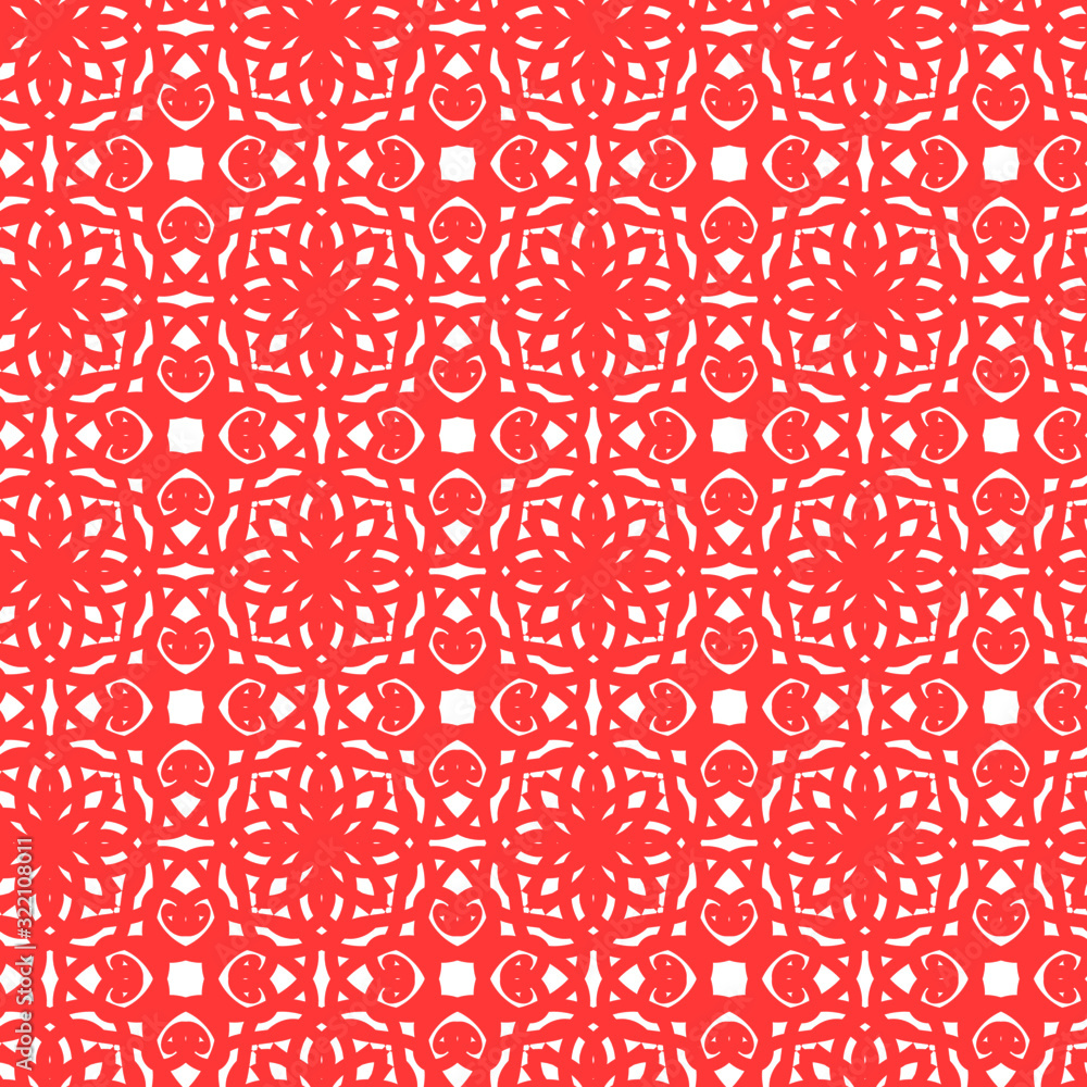 Classic coral red Mirrored Damask Outline Vector Textile Pattern