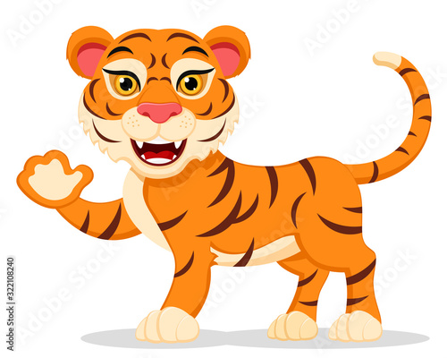 Fototapeta Naklejka Na Ścianę i Meble -  The tiger character stands waving his paw and smiling on a white