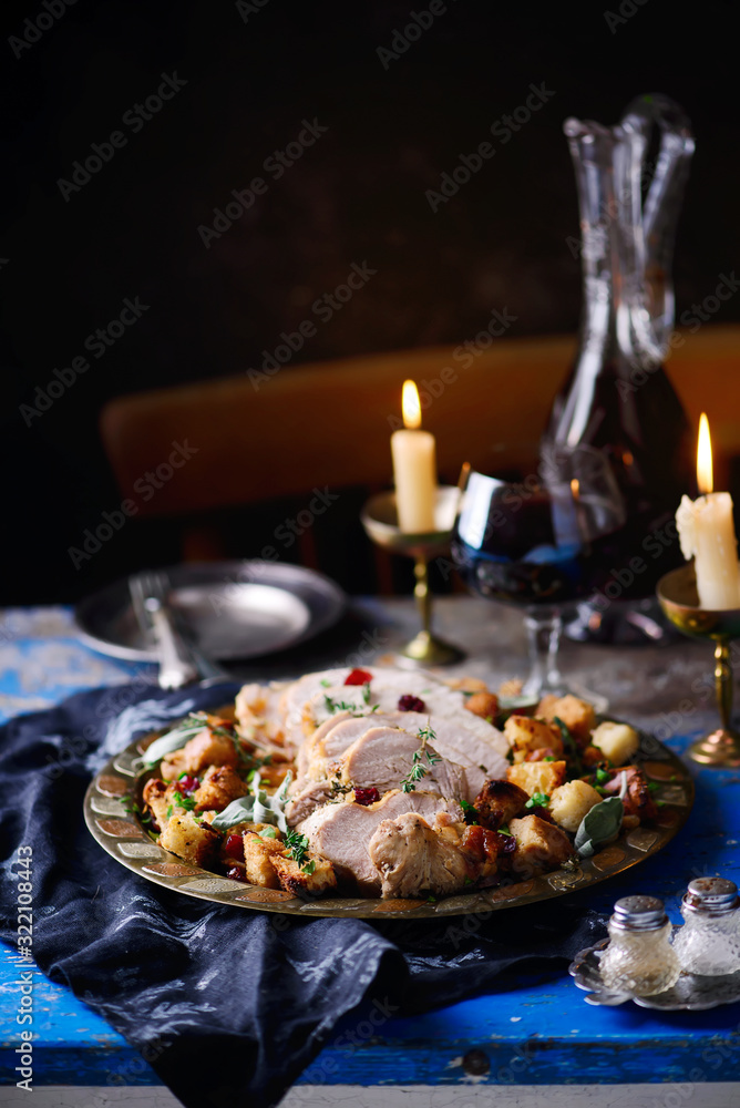 Herb roasted turkey and cranberry stuffing..style rustic.