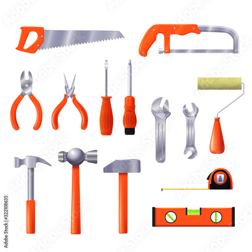 House repair tools vector illustration. Instrument collection for building and renovation interior design at home realistic style on white background. Set of house repairing equipment isolated.