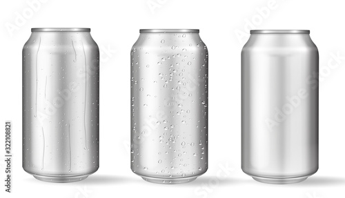 Realistic aluminum cans with water drops. Vector