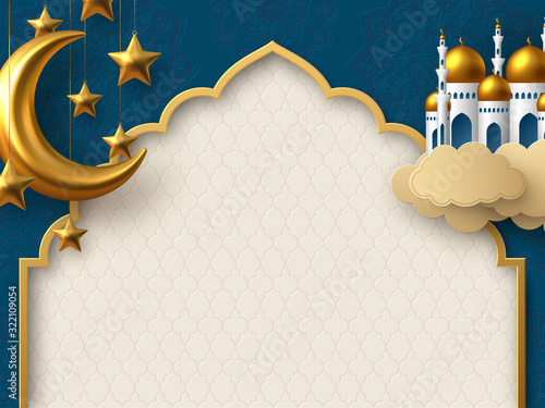 Ramadan Kareem vector card with 3d golden metal crescent, hanging stars, paper cut clouds, mosque. Arabic style arch with traditional pattern. Copy space.