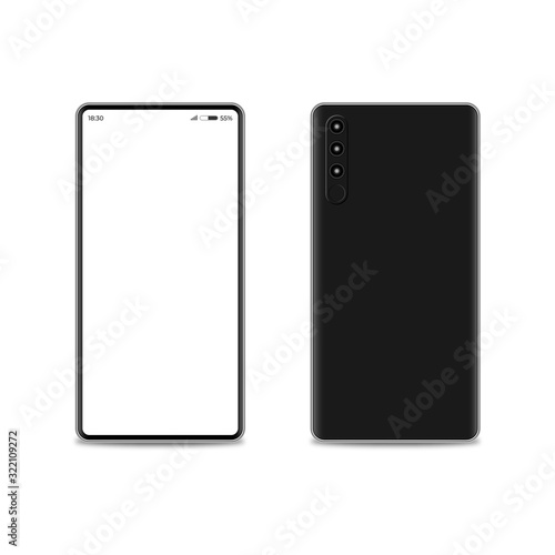 Modern mobile smartphone with thin edges. Front and back view smartphone. Layout for your design.