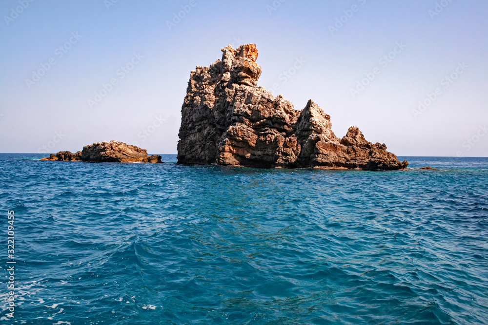 Stacks of the rocky coast of the island of Marettimo, in the Egadi islands in Sicily, Italy.