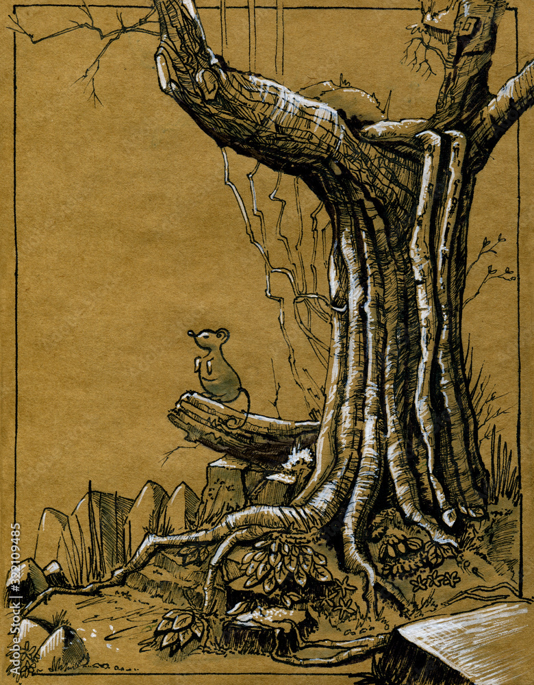 mouse in the woods on a tree, illustration of an old tree on craft ...