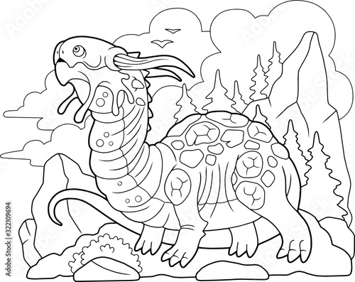 cartoon scary carnivorous dragon went hunting, funny illustration