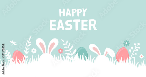 Happy Easter banner with bunny, flowers and eggs. Egg hunt poster. Spring background in modern style