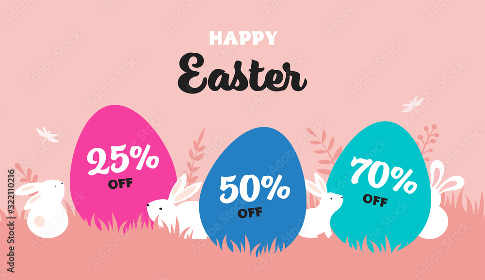 Happy Easter banner with bunny, flowers and eggs. Egg hunt poster. Spring background, vector illustration Happy Easter banner with bunny, flowers and eggs. Egg hunt poster. Spring background, vector illustration