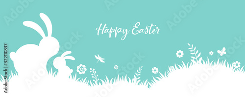 Happy Easter banner with bunny, flowers and eggs. Egg hunt poster. Spring background, vector illustration