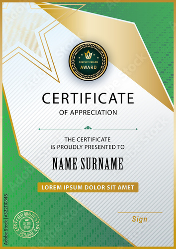 Official certificate with gold green triangles, line. Business modern design. Black emblem.