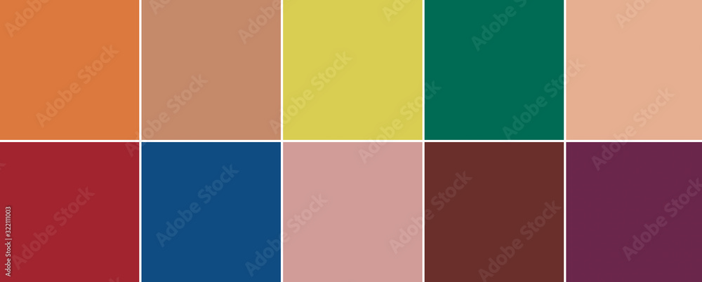 10 top color swatches from New York seasonal Color Trend Report for Autumn / WInter 2020-2021 in banner format. Fashionable colors concept