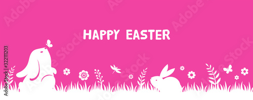 Happy Easter banner with bunny, flowers and eggs. Egg hunt poster. Spring background, vector illustration