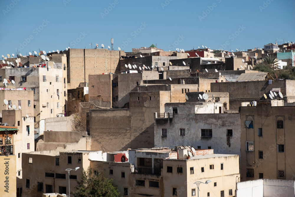 Satellite systems on the roofs of the old town of Fes in Morocco
