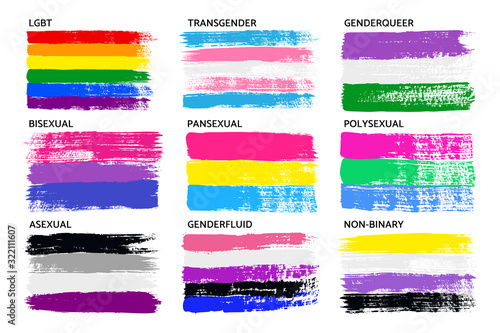 Grunge LGBT Pride Flag Collection Lesbian, Gay, Bisexual, Pansexual, Asexual, Genderfluid, Genderqueer, Polysexual, Non-binary . Set of Symbols for People of Different Sexual Orientations. Vector