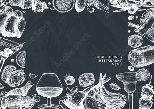 Hand drawn food and drinks frame design on chalkboard. Vector meat dishes and alcoholic cocktails illustration. Restaurant meat dishes menu template