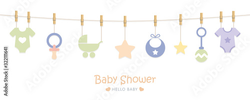 baby shower welcome greeting card for childbirth with hanging utensils vector illustration EPS10 photo