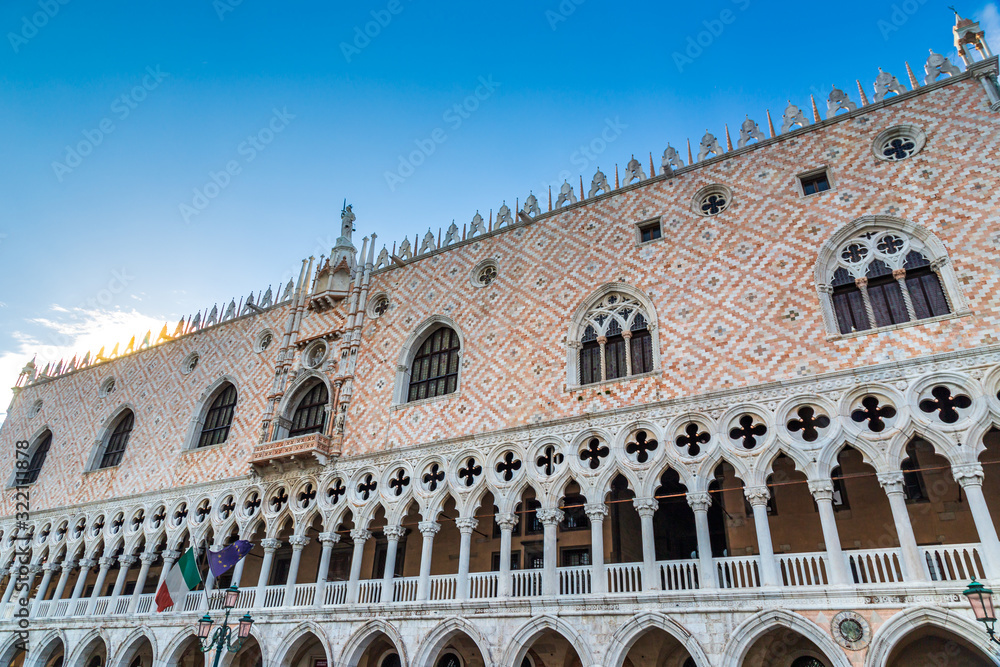 Exterior facade of the Doge's Palace, Palazzo Ducale on a summer day in Venice Italy