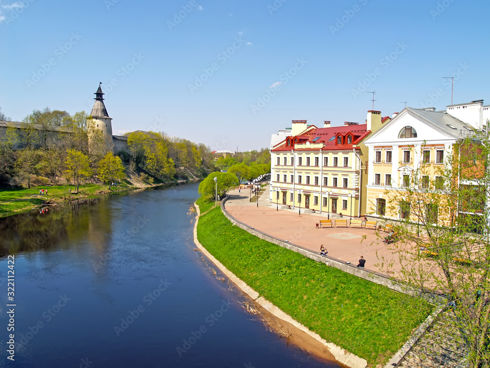 PSKOV, RUSSIA. View of the Golden Embankment and the Pskova River