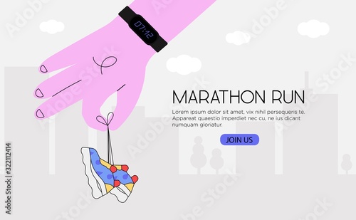 Vector illustration of a hand with fitness band or tracker holding sneakers on shoe laces. Concept of healthy lifestyle, marathon running, cardio exercise or workouts for banners, landing page, flyer.