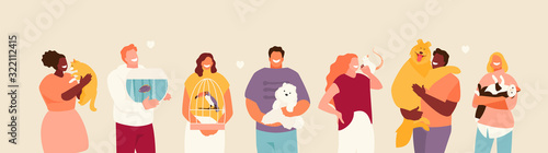Group of happy people with pets in their arms. Friendship and care for animals vector illustration