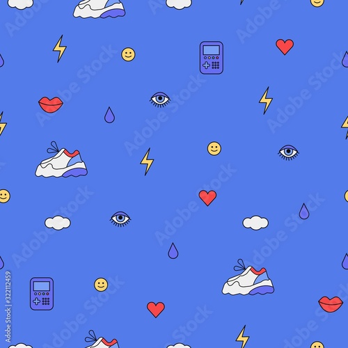 Seamless pattern with different elements from the 80s and 90s fashion. Abstract outline drawings in a simple trendy style. Dad shoes or ugly shoes drawing for wrapping paper, textile, fabric prints.
