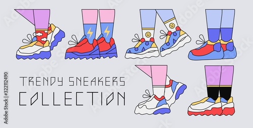 Collection of trendy retro sneakers with high socks. Outline flat style vector illustration for stickers, shoe or footwear shop banner, flyer, ad design. Set of female or male legs in platform shoes.