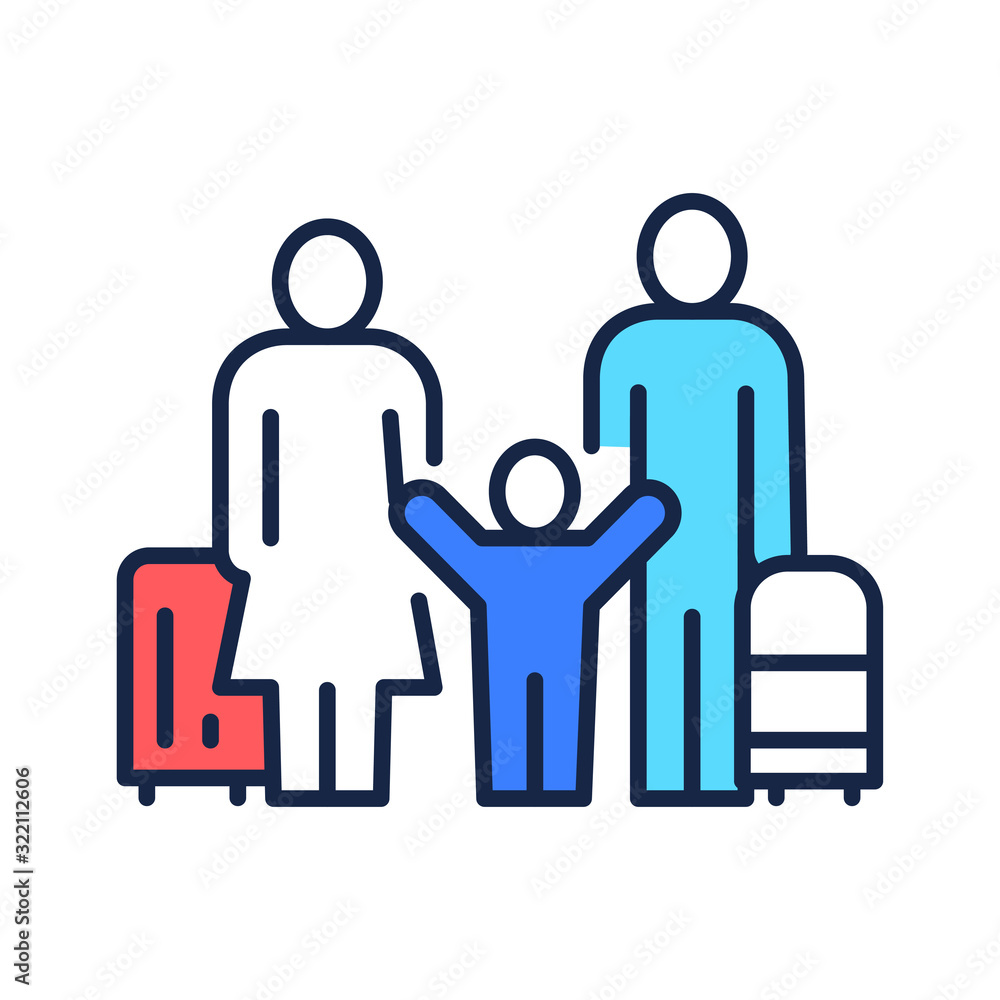 Family travel. Father mother and kid with luggage at the airport. Pictogram for web page, mobile app, promo. UI UX GUI design element. Editable stroke. Family travel. Father mother and kid with luggage at the airport. Pictogram for web page, mobile app, promo. UI UX GUI design element. Editable stroke.