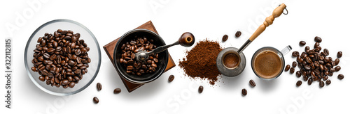 Fotografía Coffee and accessories top view on white background