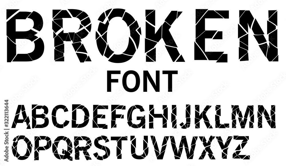 Cracked alphabet vector, broken font uppercase letters, typography
