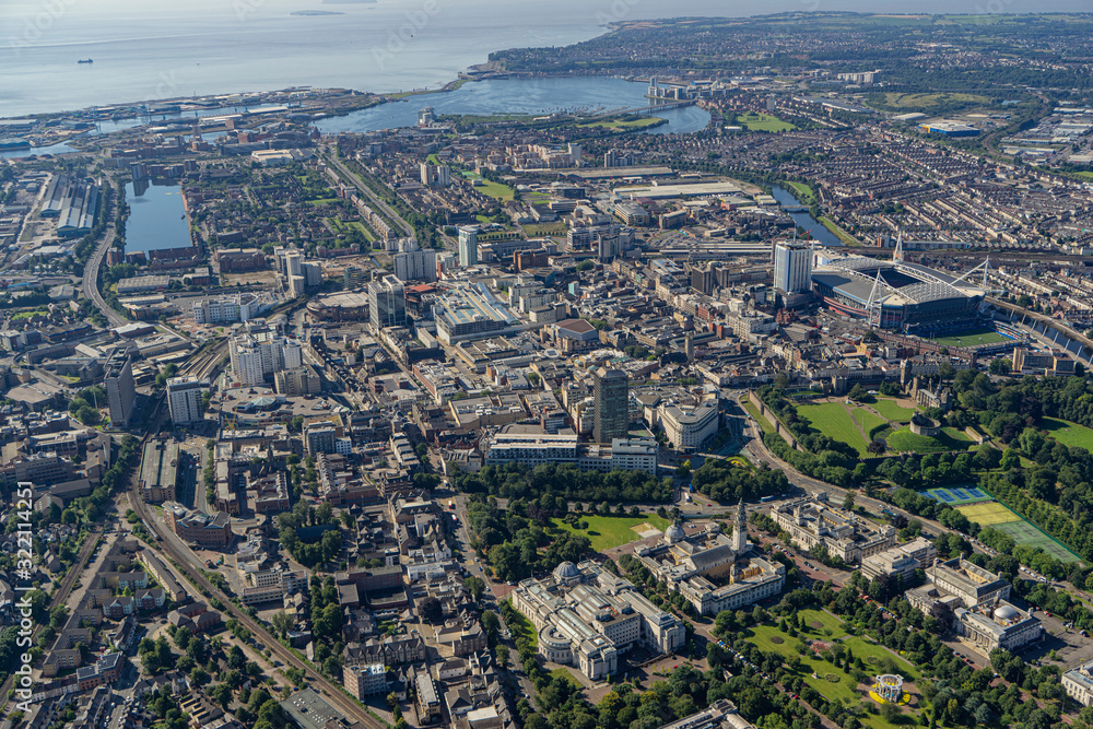 Helicopter aerial of Cardiff City Centre - obrazy, fototapety, plakaty 
