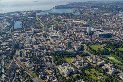 Obraz na plátně Helicopter aerial of Cardiff City Centre