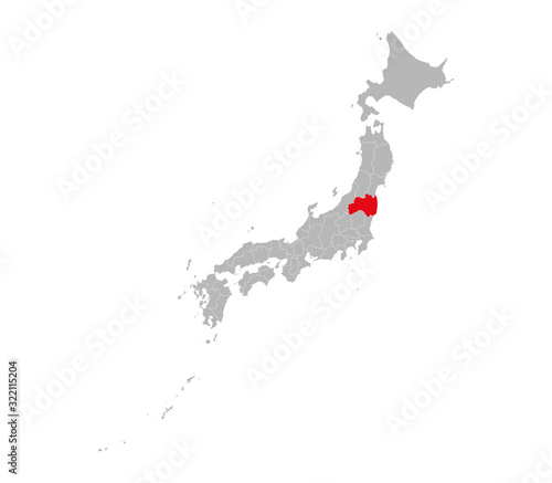 Fukushima province highlighted on Japan political map. Gray background. Perfect for business concepts, backgrounds, backdrop, sticker, banner, poster, label, chart, presentation etc.