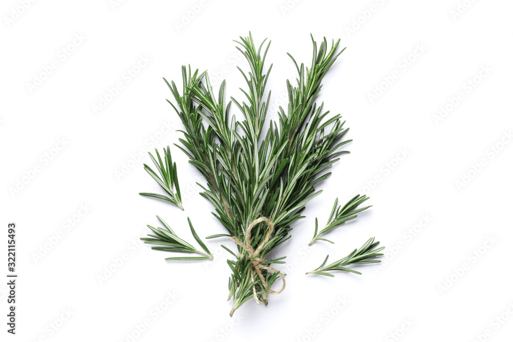 Fototapeta premium Flat lay composition with rosemary on white background, space for text