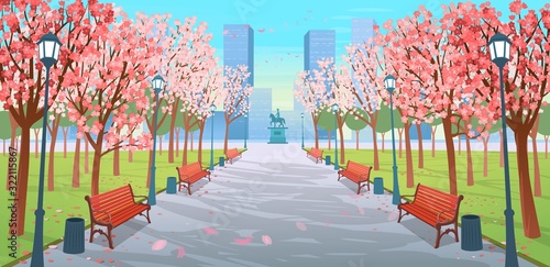 Panorama road over the spring park with benches,  blossom trees, lanterns and a monument. Vector illustration of spring city street in cartoon style.