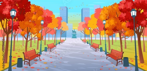 Panorama road through the autumn park with benches, trees, lanterns and a monument. Vector illustration of autumn at a city street in cartoon style.